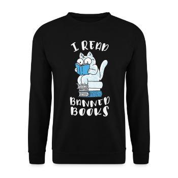 Ich lese verbotene Bücher Katze - Unisex Pullover - Schwarz - Vorne - Alina (178cm) & Michal (187cm)