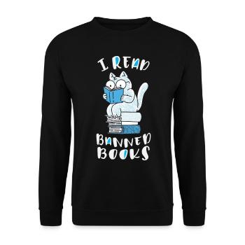 Ich lese verbotene Bücher Katze - Unisex Pullover - Schwarz - Vorne - Alina (178cm) & Michal (187cm)