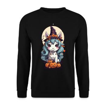 Magisches Hexen Pony süßes Halloween Design - Unisex Pullover - Schwarz - Vorne - Alina (178cm) & Michal (187cm)