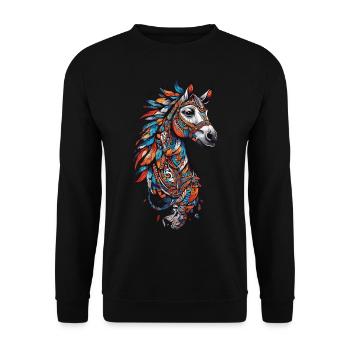 Spirituelles Pferde Federschmuck Pferd Design - Unisex Pullover - Schwarz - Vorne - Alina (178cm) & Michal (187cm)