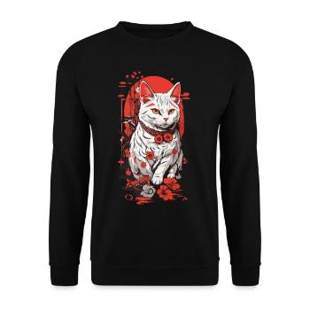 Vintage Asiatische Katze Ukiyo-E Kirschblüten - Unisex Pullover - Schwarz - Vorne - Alina (178cm) & Michal (187cm)