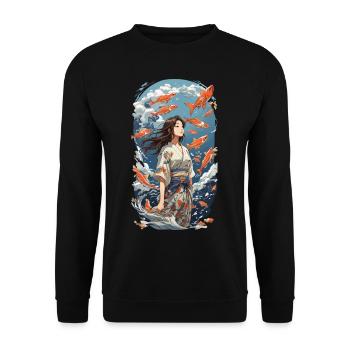 Japanische Ästhetik Kimono Koi Mädchen Design - Unisex Pullover - Schwarz - Vorne - Alina (178cm) & Michal (187cm)