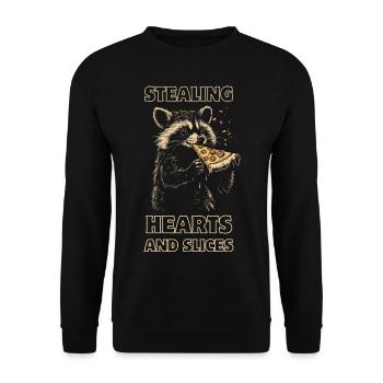 Waschbär isst Pizza - Unisex Pullover - Schwarz - Vorne - Alina (178cm) & Michal (187cm)
