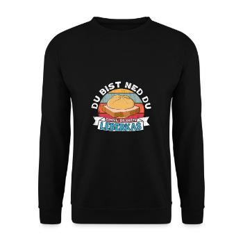 Du bist ned du ohne deinen Leberkäse bayrisch - Unisex Pullover - Schwarz - Vorne - Alina (178cm) & Michal (187cm)