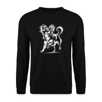 Süßer verspielter Langhaar Chihuahua als Porträt - Unisex Pullover - Schwarz - Vorne - Alina (178cm) & Michal (187cm)