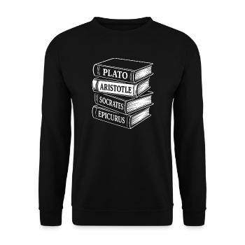 Klassische Philosophen Buchstapel Design - Unisex Pullover - Schwarz - Vorne - Alina (178cm) & Michal (187cm)