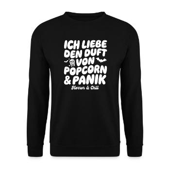 Popcorn und Panik: Horror Chill - Unisex Pullover - Schwarz - Vorne - Alina (178cm) & Michal (187cm)