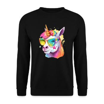 Buntes cooles Alpaka-Einhorn mit Sonnenbrille - Unisex Pullover - Schwarz - Vorne - Alina (178cm) & Michal (187cm)