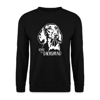 Loved by a Dachshund Hundespruch Hunde Wilsigns - Unisex Pullover - Schwarz - Vorne - Alina (178cm) & Michal (187cm)