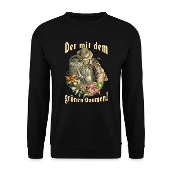 Der mit dem grünen Daumen Gärtner RAHMENLOS - Unisex Pullover - Schwarz - Vorne - Alina (178cm) & Michal (187cm)