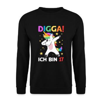 Digga Ich Bin 17 Jahre 17. Geburtstag Einhorn - Unisex Pullover - Schwarz - Vorne - Alina (178cm) & Michal (187cm)