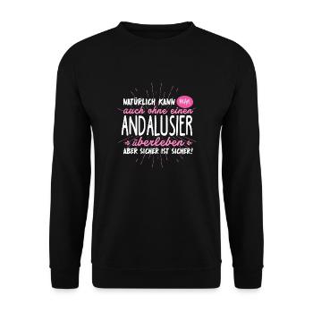 Niemals ohne ANDALUSIER - Unisex Pullover - Schwarz - Vorne - Alina (178cm) & Michal (187cm)