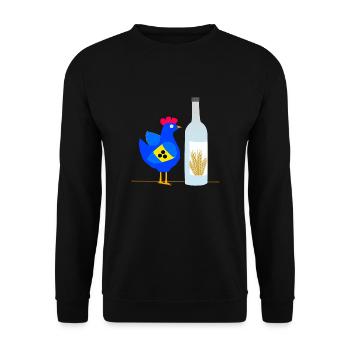 Auch ein blindes Huhn findet 1 Korn Blau - Unisex Pullover - Schwarz - Vorne - Alina (178cm) & Michal (187cm)