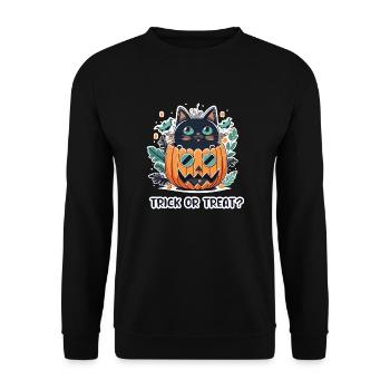 Niedliche schwarze Katze sitzt in lustigem Gesicht Kürbis - Unisex Pullover - Schwarz - Vorne - Alina (178cm) & Michal (187cm)