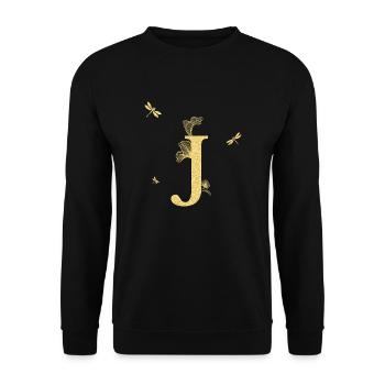 Buchstabe j Goldene Glitzerlibelle - Geschenkidee - Unisex Pullover - Schwarz - Vorne - Alina (178cm) & Michal (187cm)