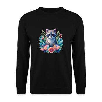 Magischer Waschbär in Blumen - Unisex Pullover - Schwarz - Vorne - Alina (178cm) & Michal (187cm)