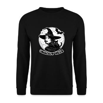 Hexe mit Katze - Halloween Vollzeit Hexe 1 - Unisex Pullover - Schwarz - Vorne - Alina (178cm) & Michal (187cm)