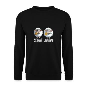 Schaf Unschaf – Lustiges Wortspiel Schafshirt - Unisex Pullover - Schwarz - Vorne - Alina (178cm) & Michal (187cm)