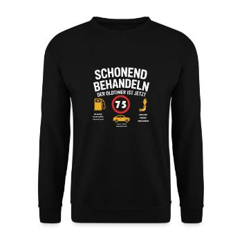 Schonend behandeln Lustiges Oldtimer 75 Geburtstag - Unisex Pullover - Schwarz - Vorne - Alina (178cm) & Michal (187cm)