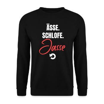 Essen, schlafen, jassen, repeat! - Unisex Pullover - Schwarz - Vorne - Alina (178cm) & Michal (187cm)