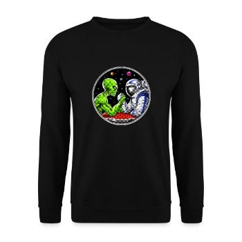 Außerirdischer Astronaut Armdrücken - Unisex Pullover - Schwarz - Vorne - Alina (178cm) & Michal (187cm)