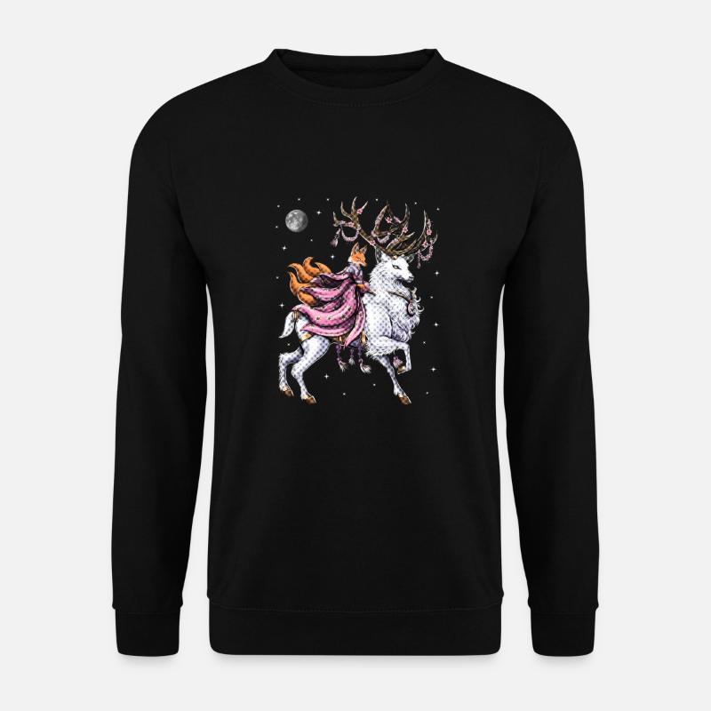 Japanischer Kitsune-Fuchs reitet auf Kirschblütenhirsch - Unisex Pullover - Schwarz