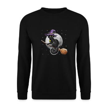 Katze Hexe Reitbesen - Unisex Pullover - Schwarz - Vorne - Alina (178cm) & Michal (187cm)