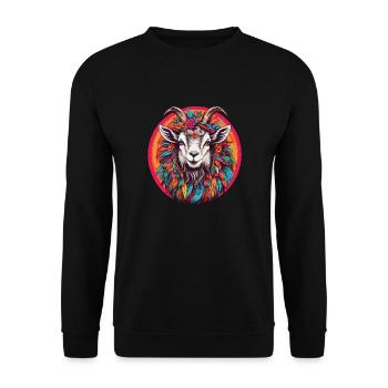 Ziege mit Federschmuck und Blumen im Farbkreis - Unisex Pullover - Schwarz - Vorne - Alina (178cm) & Michal (187cm)