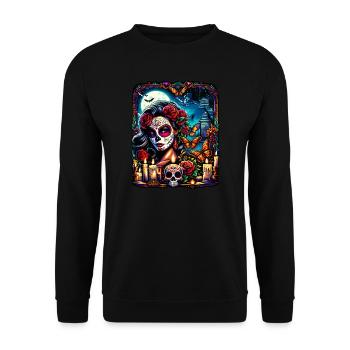 Lebendiges Design für die Feier des Día de Muertos - Unisex Pullover - Schwarz - Vorne - Alina (178cm) & Michal (187cm)