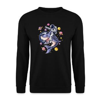 Astronaut surft mit seinem Hai durchs Universum - Unisex Pullover - Schwarz - Vorne - Alina (178cm) & Michal (187cm)
