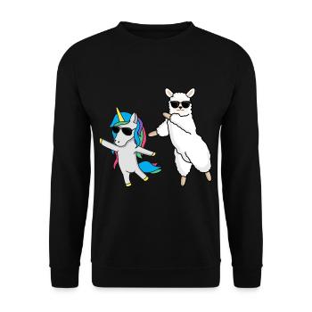 Dabbendes Lama mit Einhorn und Sonnenbrillen - Unisex Pullover - Schwarz - Vorne - Alina (178cm) & Michal (187cm)