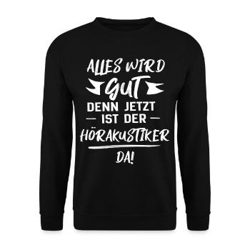 hörakustiker Geschenk - Unisex Pullover - Schwarz - Vorne - Alina (178cm) & Michal (187cm)