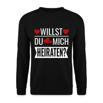 Willst du mich heiraten? Heiratsantrag - Verlobung - Unisex Pullover - Schwarz - Vorne - Alina (178cm) & Michal (187cm)