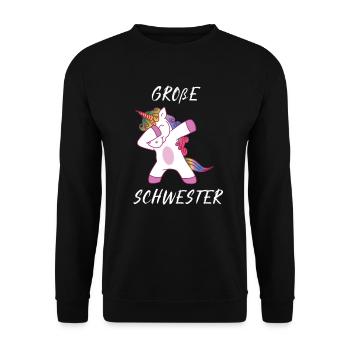 Große Schwester Einhorn Dab - Unisex Pullover - Schwarz - Vorne - Alina (178cm) & Michal (187cm)