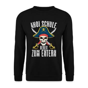 Piraten Schulkind Schulanfang Einschulung Geschenk - Unisex Pullover - Schwarz - Vorne - Alina (178cm) & Michal (187cm)