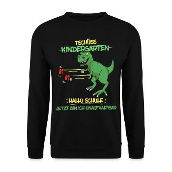 Dino T-Rex Hallo Schule Einschulung Schulanfänger - Unisex Pullover - Schwarz - Vorne - Alina (178cm) & Michal (187cm)