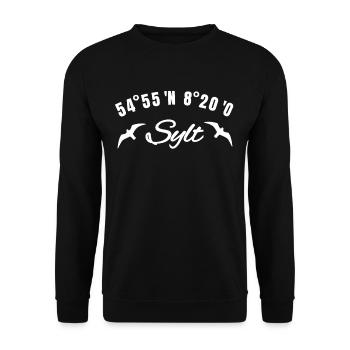 Sylt Koordinaten Möwe Nordsee Küste Geschenk Idee - Unisex Pullover - Schwarz - Vorne - Alina (178cm) & Michal (187cm)