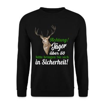 Jaeger ueber 50 lustiges Geschenk - Unisex Pullover - Schwarz - Vorne - Alina (178cm) & Michal (187cm)