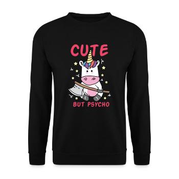 Cute but Psycho verrücktes Einhorn mit Beil - Unisex Pullover - Schwarz - Vorne - Alina (178cm) & Michal (187cm)