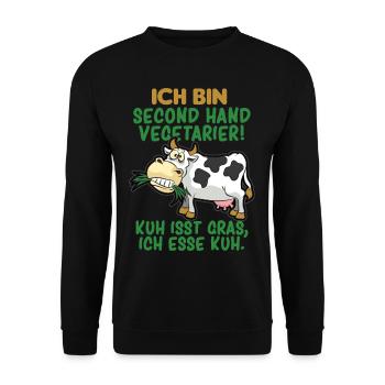 SECOND HAND VEGETARIER FLEISCHESSER HUMOR - Unisex Pullover - Schwarz - Vorne - Alina (178cm) & Michal (187cm)