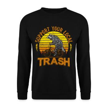 Lustiger retro Müll Waschbär auf Fahrrad - Unisex Pullover - Schwarz - Vorne - Alina (178cm) & Michal (187cm)