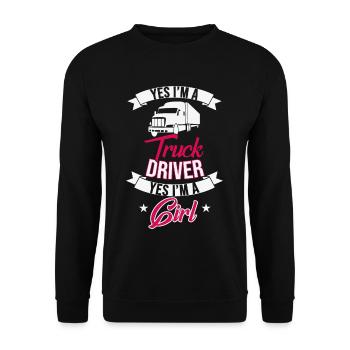 Ja, ich bin ein LKW-Fahrer. Ja, ich bin ein Mädche - Unisex Pullover - Schwarz - Vorne - Alina (178cm) & Michal (187cm)