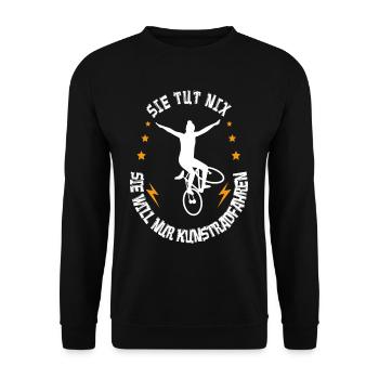 Sie tut nix sie will nur Kunstradfahren - Unisex Pullover - Schwarz - Vorne - Alina (178cm) & Michal (187cm)