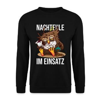 Nachteule Im Einsatz Müde Eule Nachtmensch - Unisex Pullover - Schwarz - Vorne - Alina (178cm) & Michal (187cm)