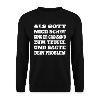 Als Gott mich Schuf ging er Grinsend zum Teufel - Unisex Pullover - Schwarz - Vorne - Alina (178cm) & Michal (187cm)