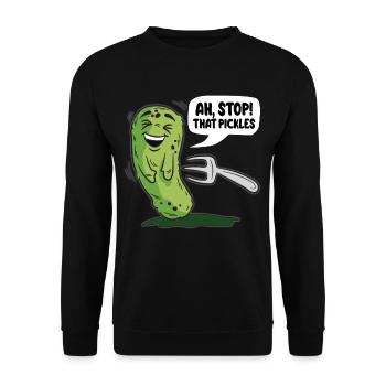 STOP THAT PICKLES Kitzelige Gurke Humor Spruch - Unisex Pullover - Schwarz - Vorne - Alina (178cm) & Michal (187cm)