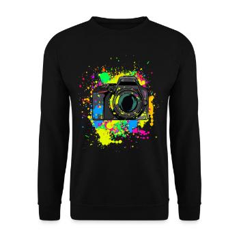 Bunte Kamera Geschenk für Fotografen Farbkleckse - Unisex Pullover - Schwarz - Vorne - Alina (178cm) & Michal (187cm)