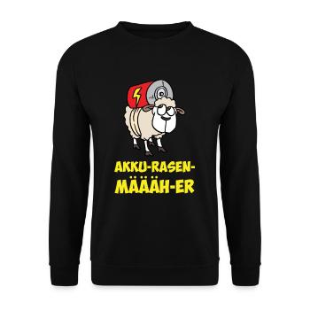 Akku Rasen Mäher Schaf Batterie - Unisex Pullover - Schwarz - Vorne - Alina (178cm) & Michal (187cm)