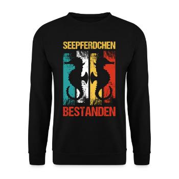 Seepferdchen Bestanden Frühschwimmer Abzeichen - Unisex Pullover - Schwarz - Vorne - Alina (178cm) & Michal (187cm)