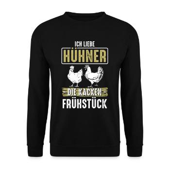 Ich liebe Hühner die kacken Frühstück - Unisex Pullover - Schwarz - Vorne - Alina (178cm) & Michal (187cm)